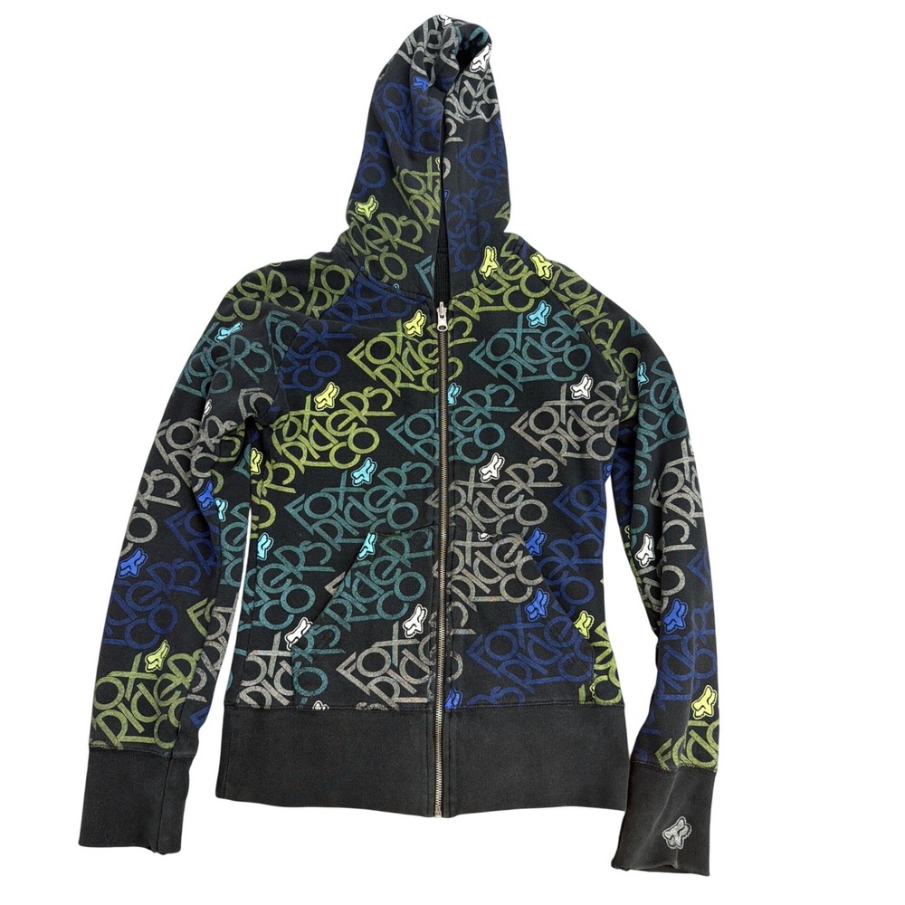 Fox Racing Reversible Zip Up Hoodie Womens Black Logo Print Waffle Knit Hooded